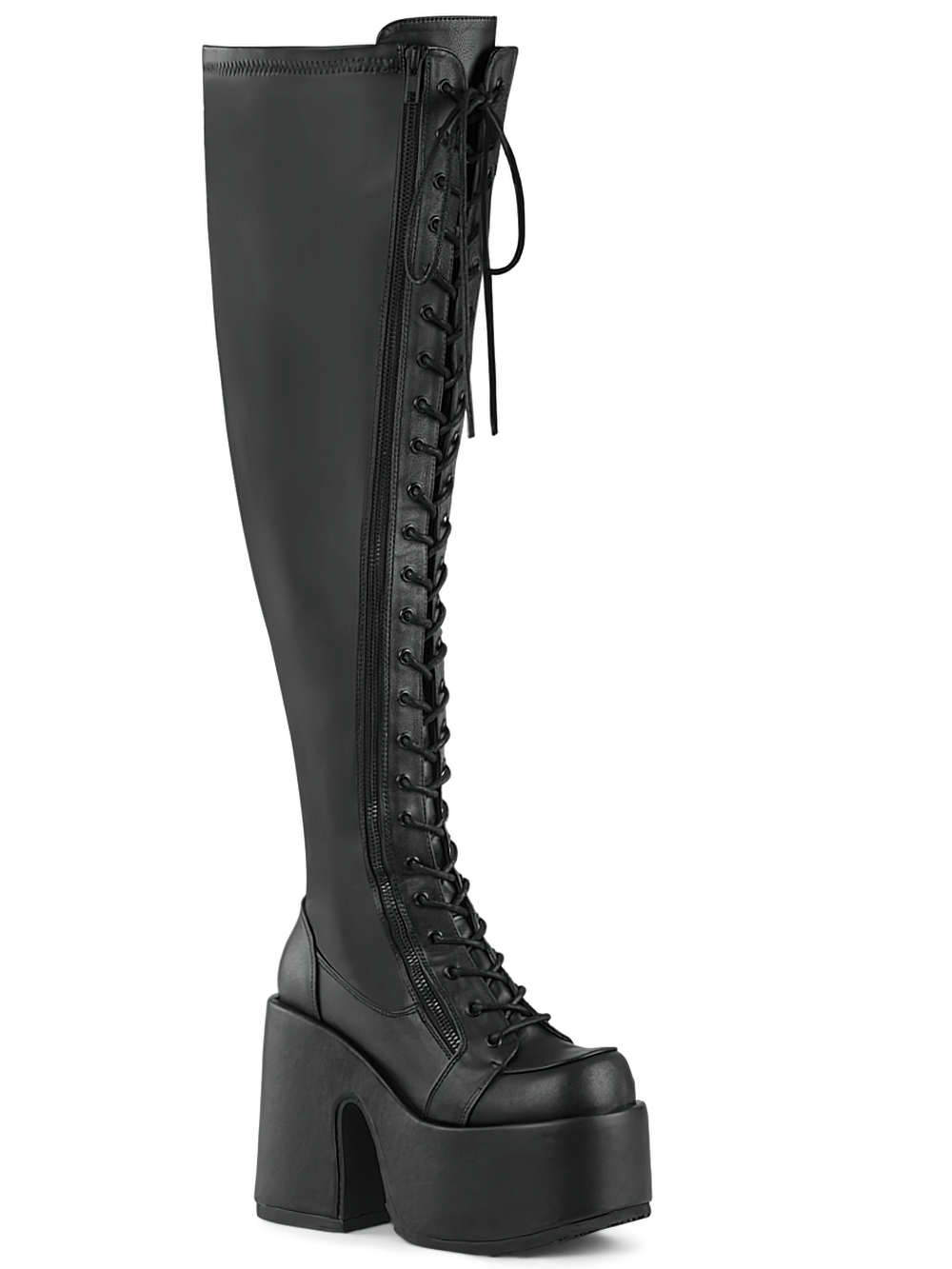 Black lace-up thigh-high platform boots with chunky heel and stretch vegan leather.