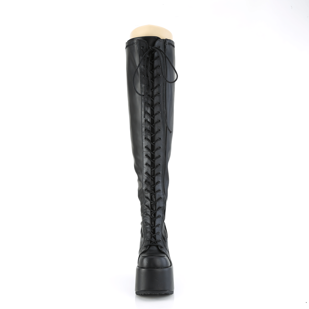 Black lace-up thigh-high platform boots with wide calf fit and chunky heel.