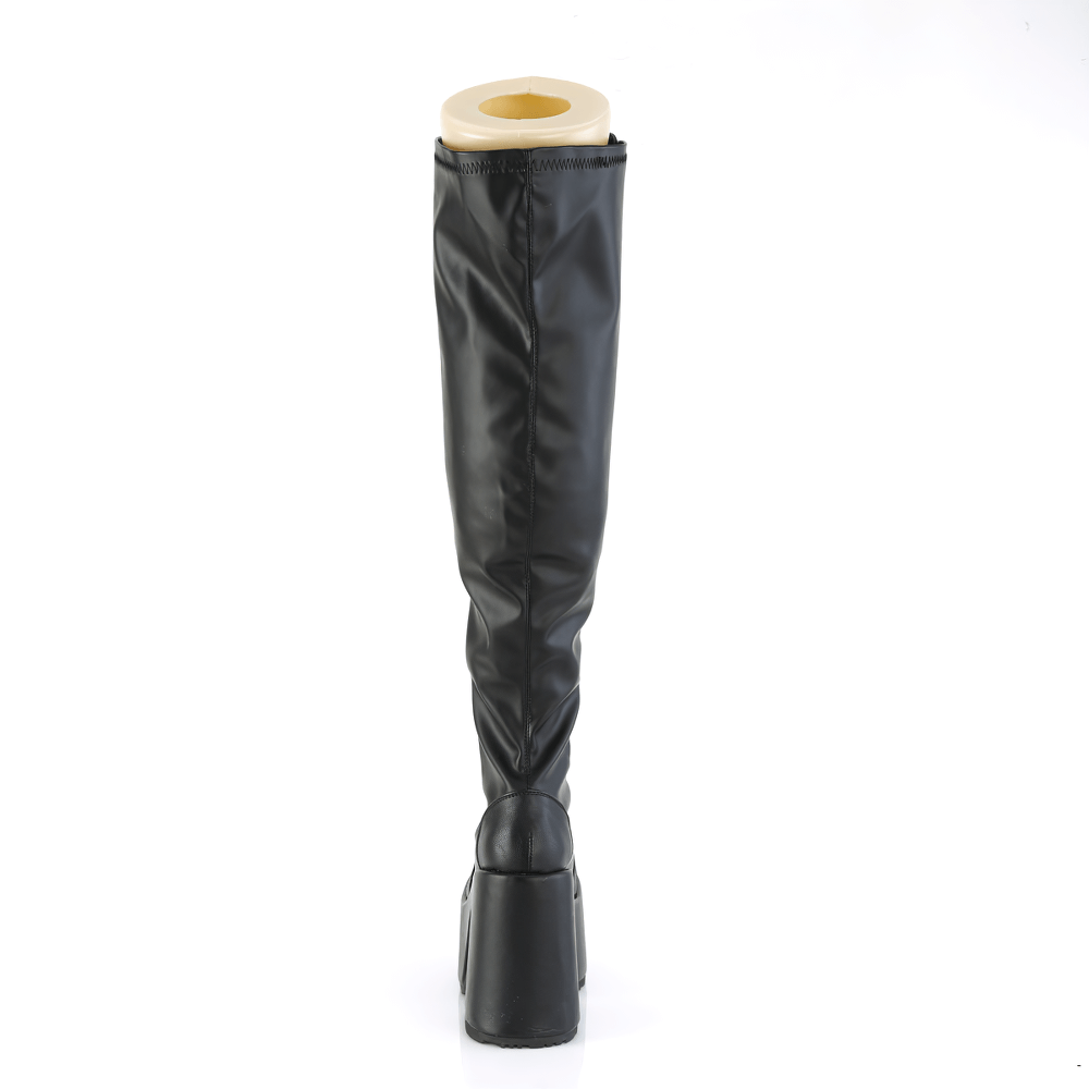 DEMONIA Wide Calf Lace-Up Stretch Thigh-High Platform Boots