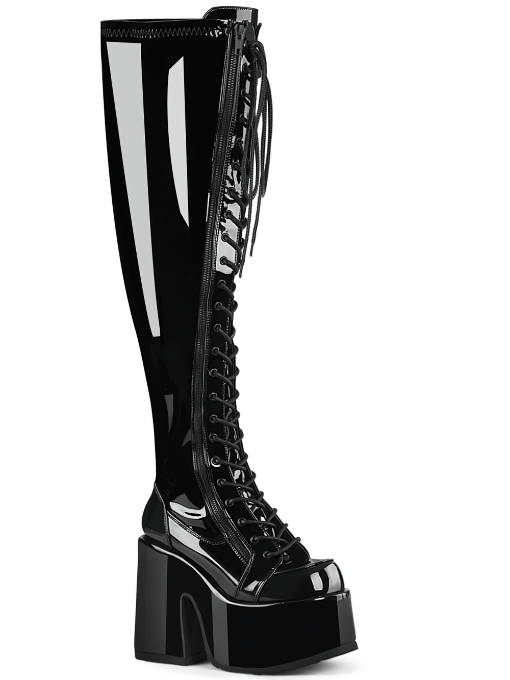 DEMONIA Wide Calf Patent Thigh-High Platform Lace-Up Boots