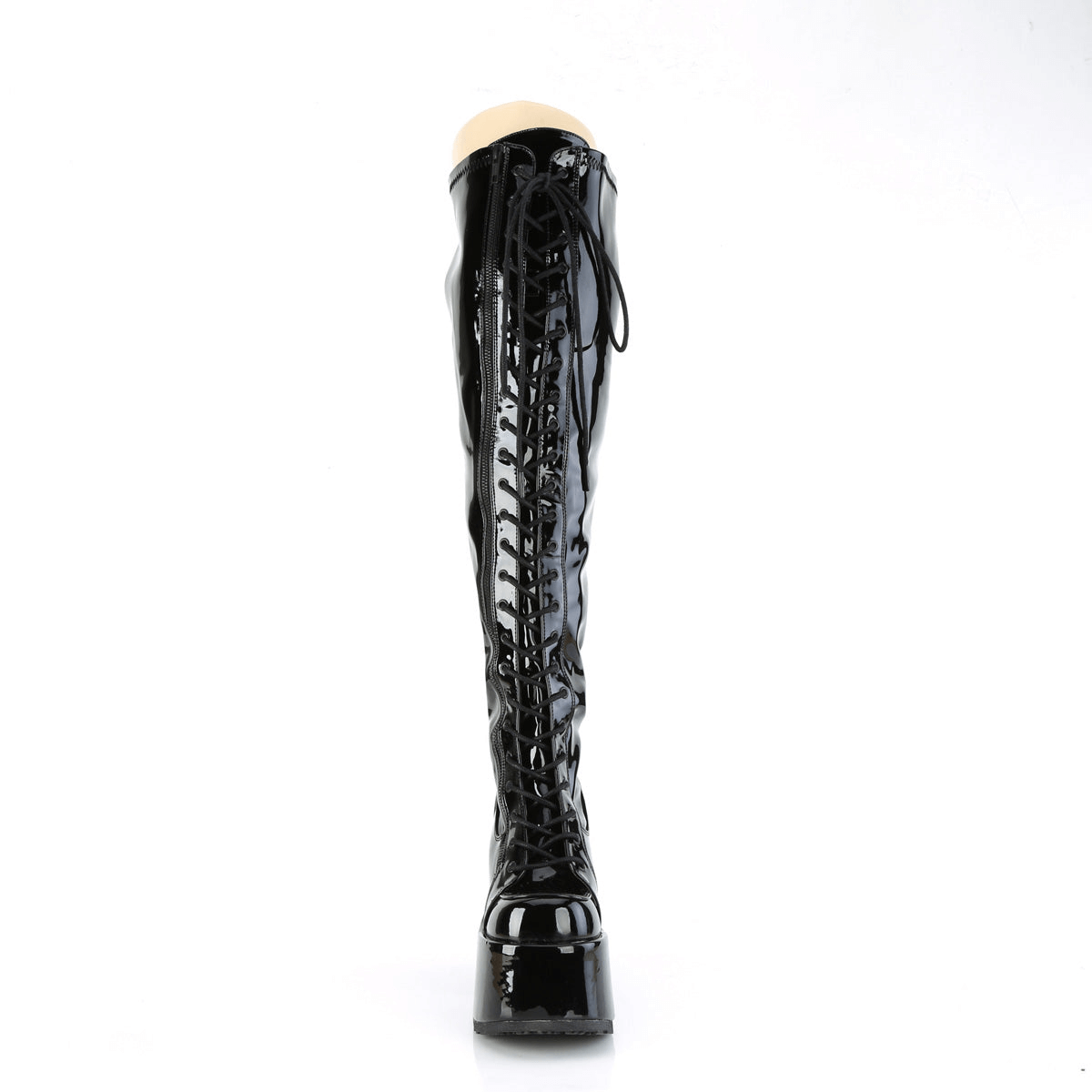 Demonia wide calf patent thigh-high black boots with lace-up design and chunky platform heel.