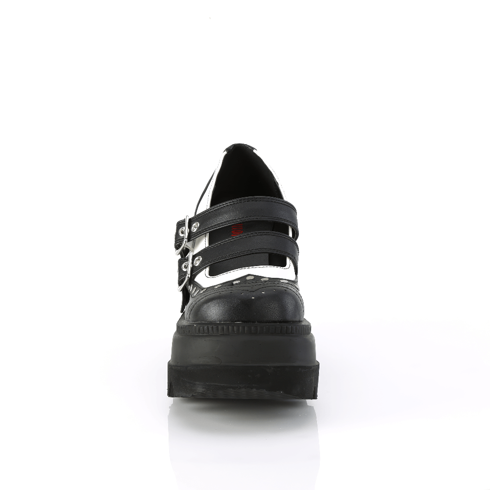 Demonia women's black and white Lolita platform shoes with double buckle straps and punk flair.