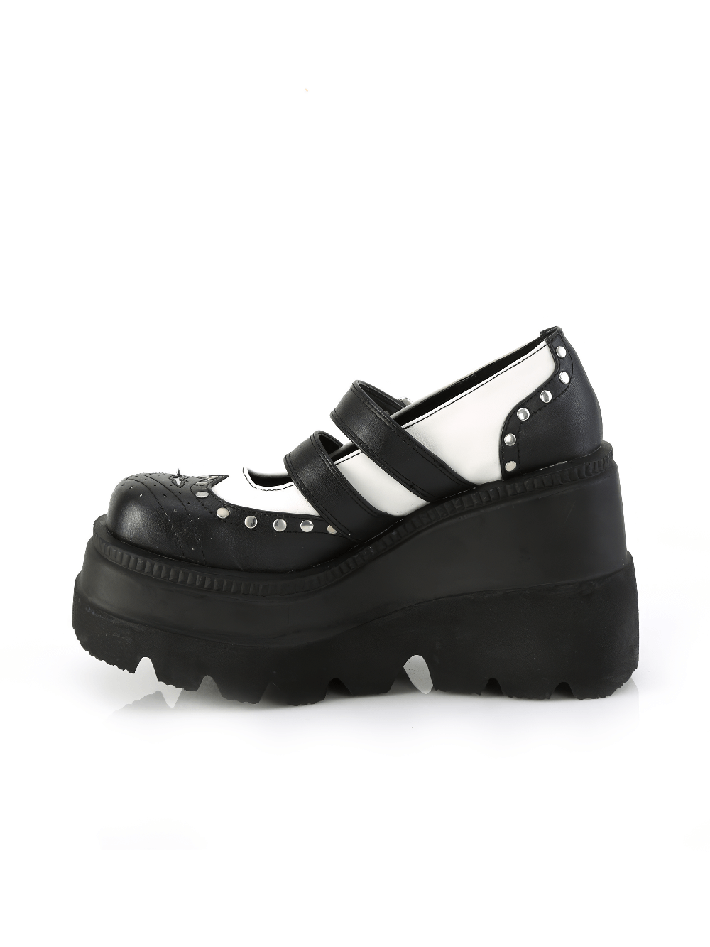 Demonia women's black and white Lolita platform shoes with double buckle and studded details, showcasing edgy style.