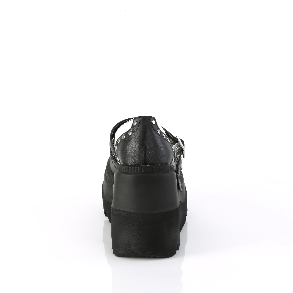 Back view of DEMONIA Women's Black and White Lolita Platform Shoes with studded details and 4.5" wedge heel.