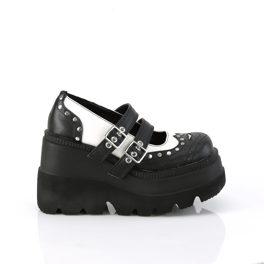 Demonia women's black and white Lolita platform shoes with double buckle straps and studded design on a wedge platform.