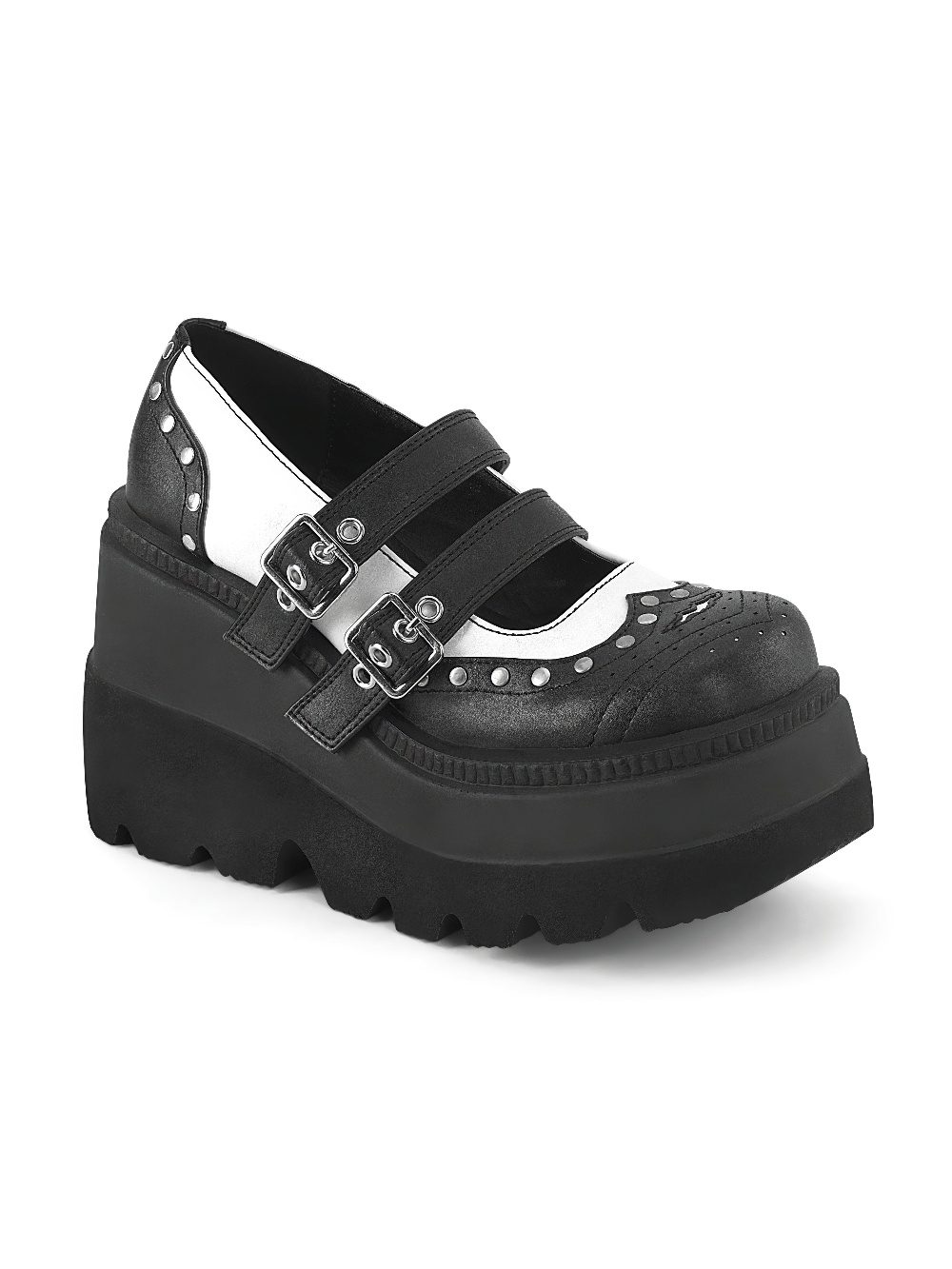 Demonia Women's black and white Lolita platform shoes with double buckle and studded design.