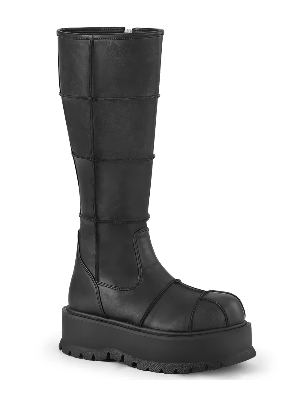 Bold women's black knee high platform boots with inside zip and unique patching details.