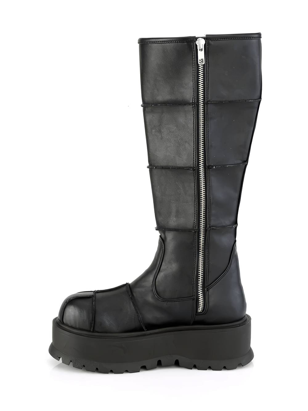 Bold women's black knee-high platform boots with inside zip and unique patching details.