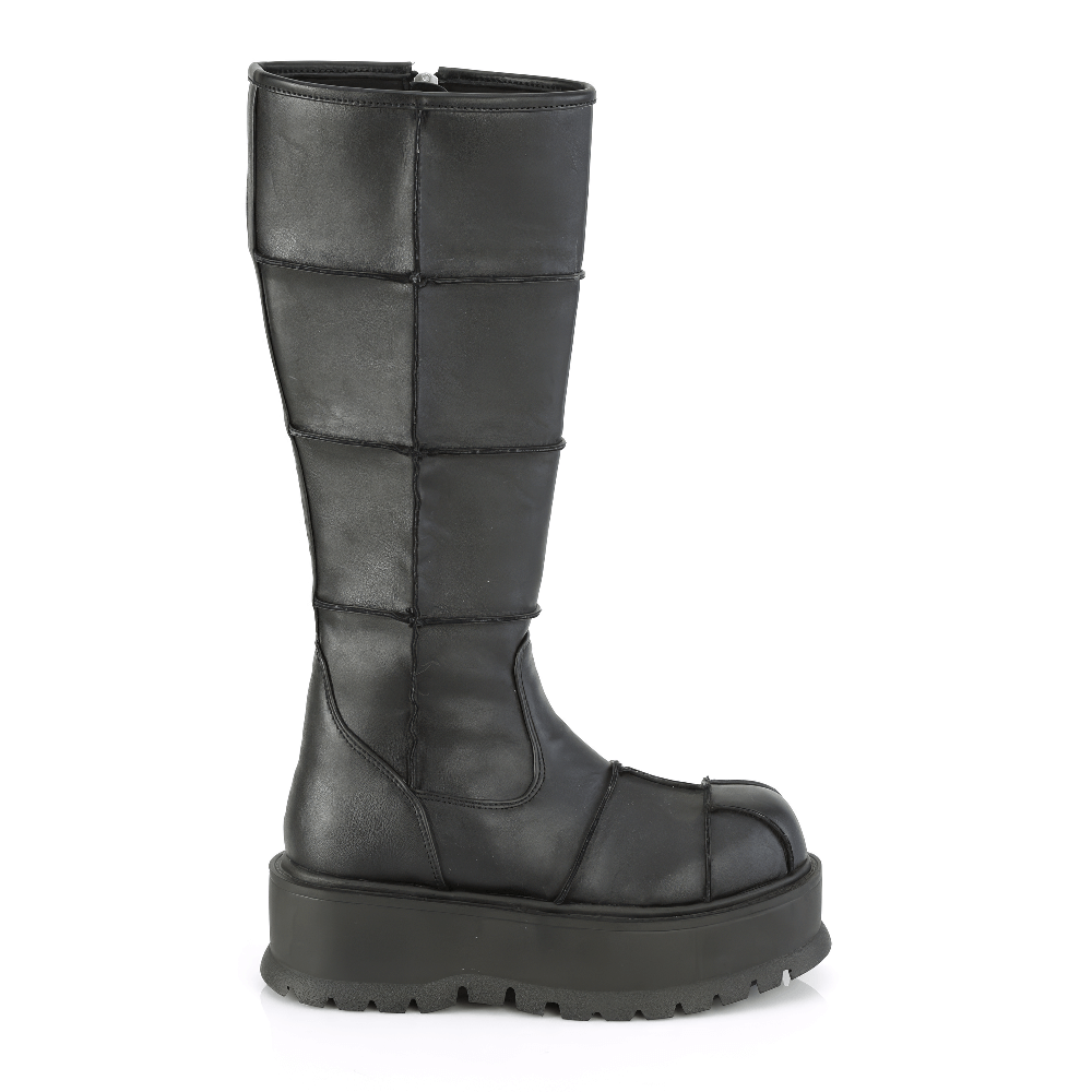 Daring Demonia women's black knee high platform boots with inside zip and unique patching details.