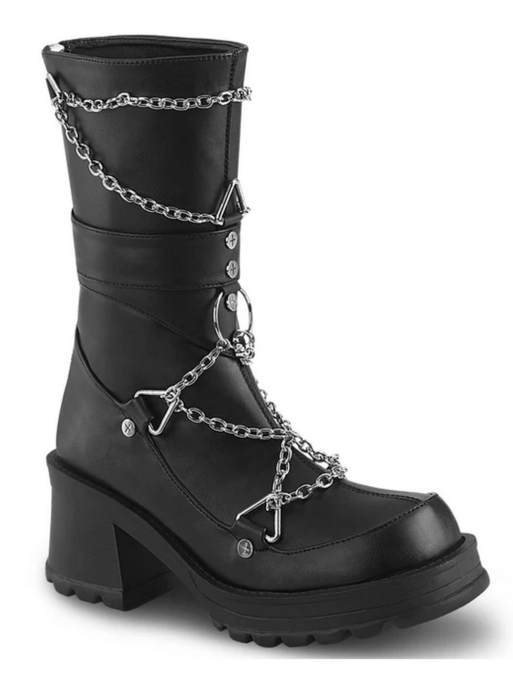 Demonia women's black mid-calf boots with chain accents, skull detail, and chunky heel for gothic style.