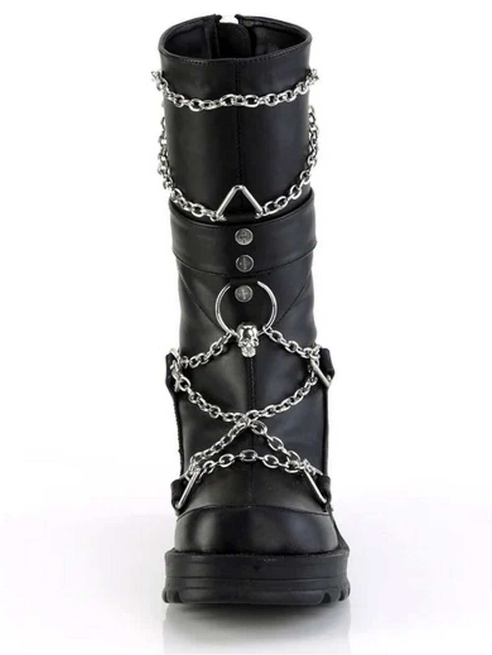 Gothic black mid-calf boots with chain accents and skull detail, featuring chunky heel and eco-friendly vegan leather.