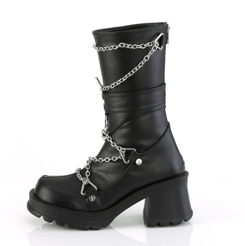 Gothic black mid-calf boots with chain accents and chunky heel, featuring skull details and eco-friendly design.