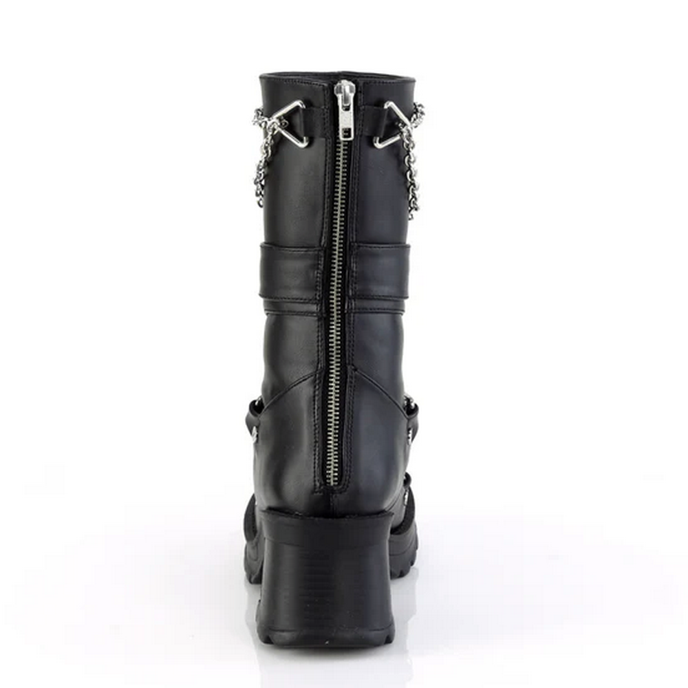 Black mid-calf boots with chains and zipper detail, showcasing gothic style and eco-friendly design.