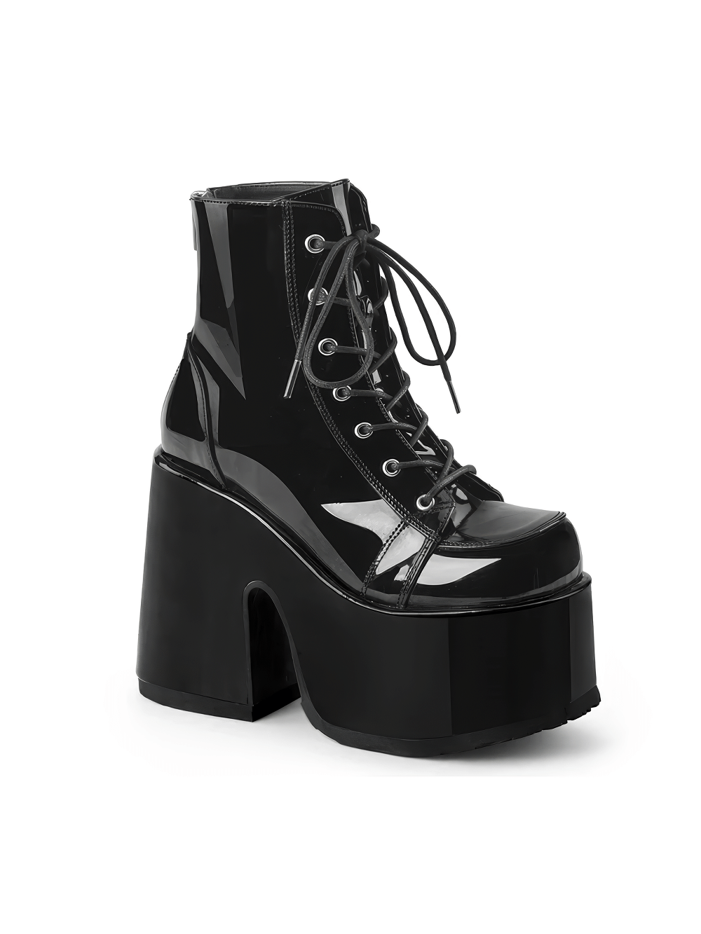 Daring women's black patent lace-up ankle boots with chunky heel and platform sole.