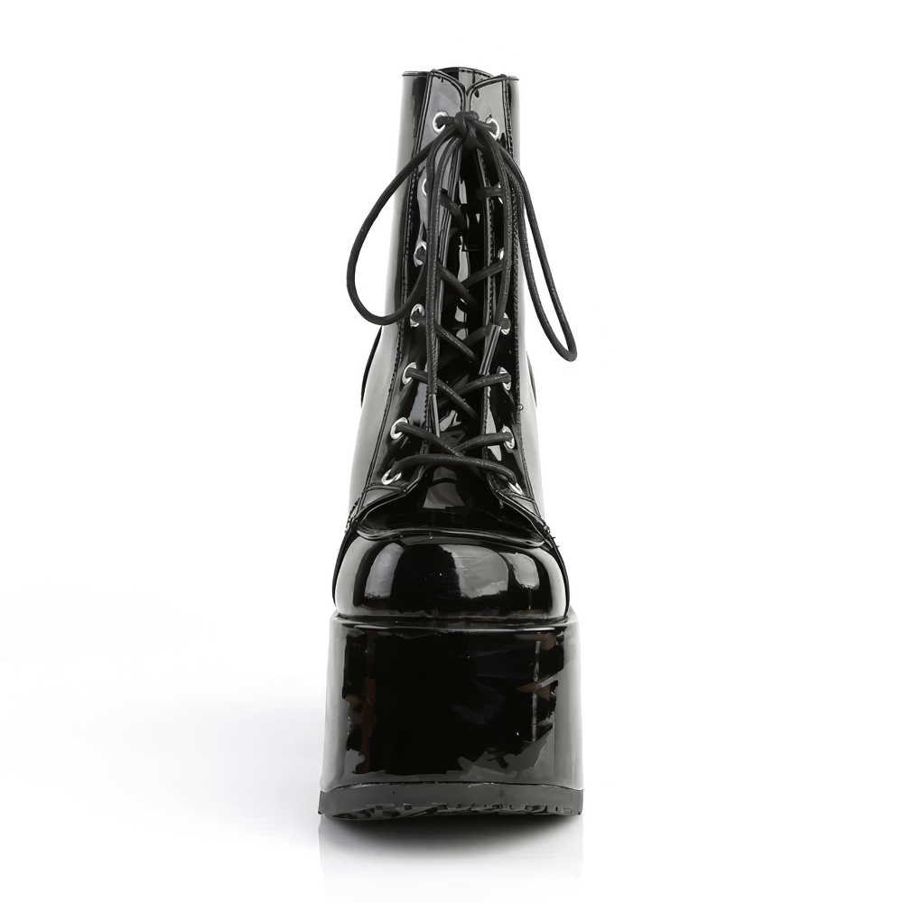 Sleek women's black patent leather lace-up platform ankle boots with chunky heel and shiny finish.