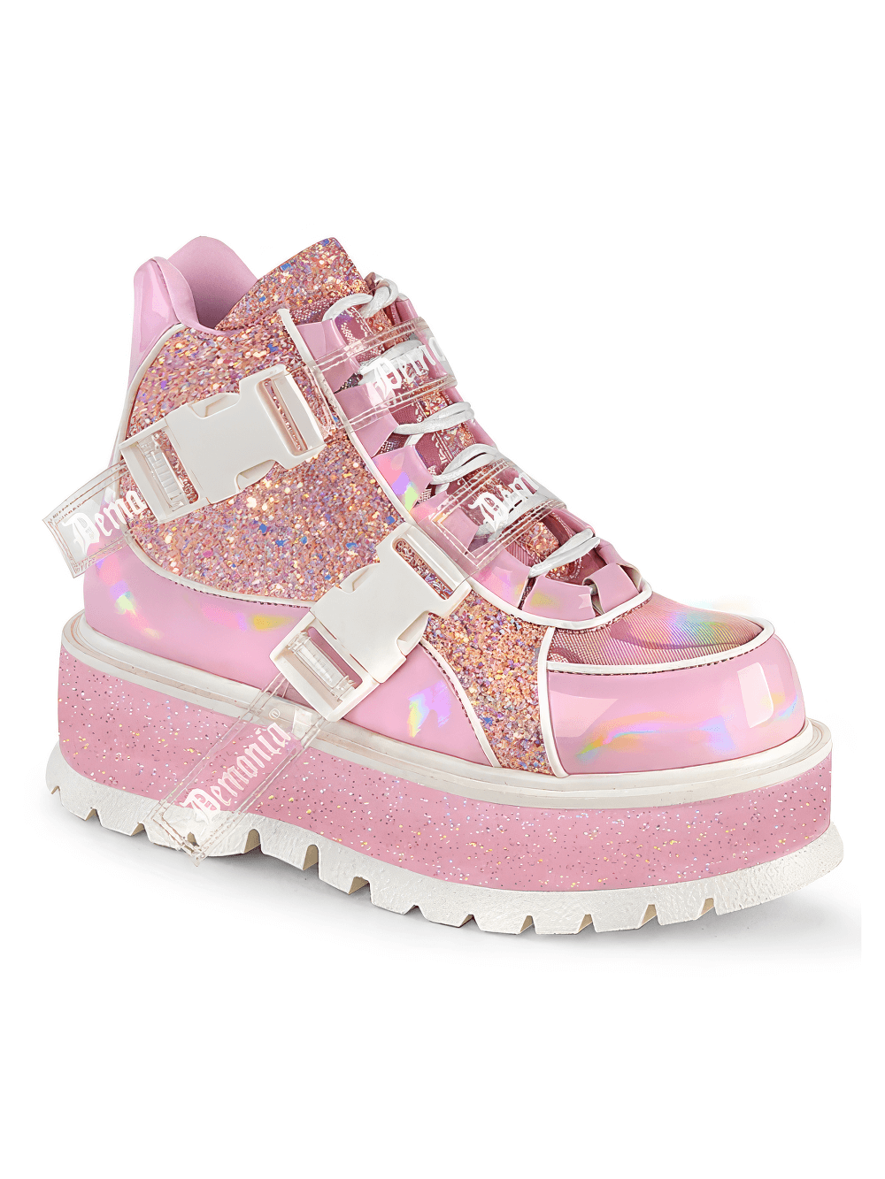 Dazzling pink holographic ankle boots with glittery finish and dual buckles, perfect for a standout style.