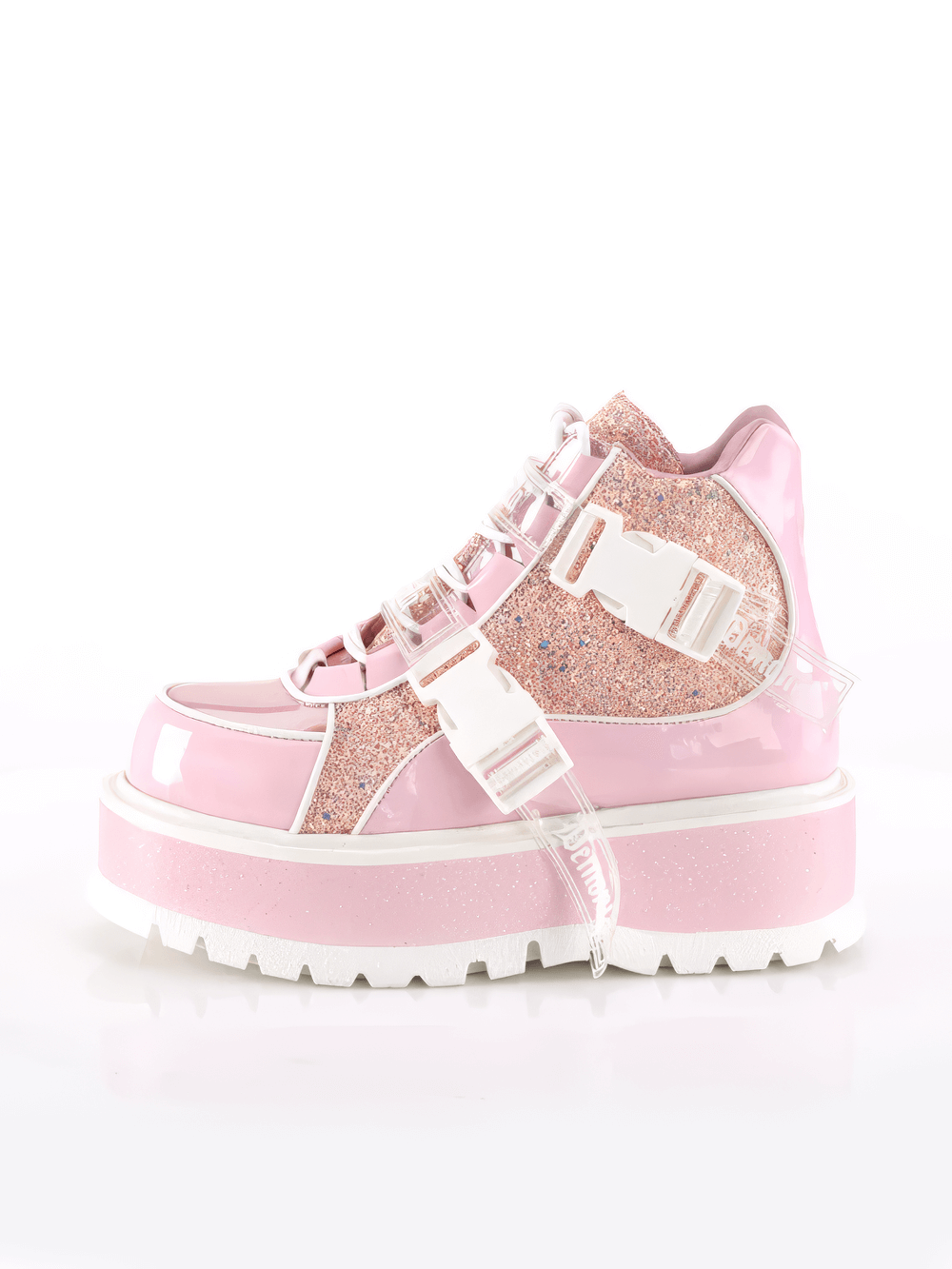 Stunning pink holographic platform ankle boots with glitter and buckles for a bold fashion statement.