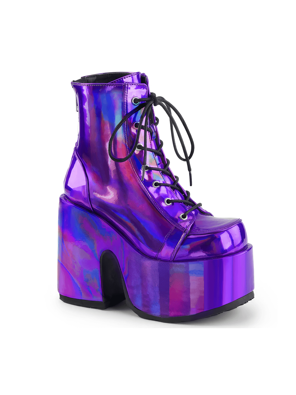 Holographic purple platform ankle boots with chunky heel and lace-up design, perfect for a bold pastel goth style.