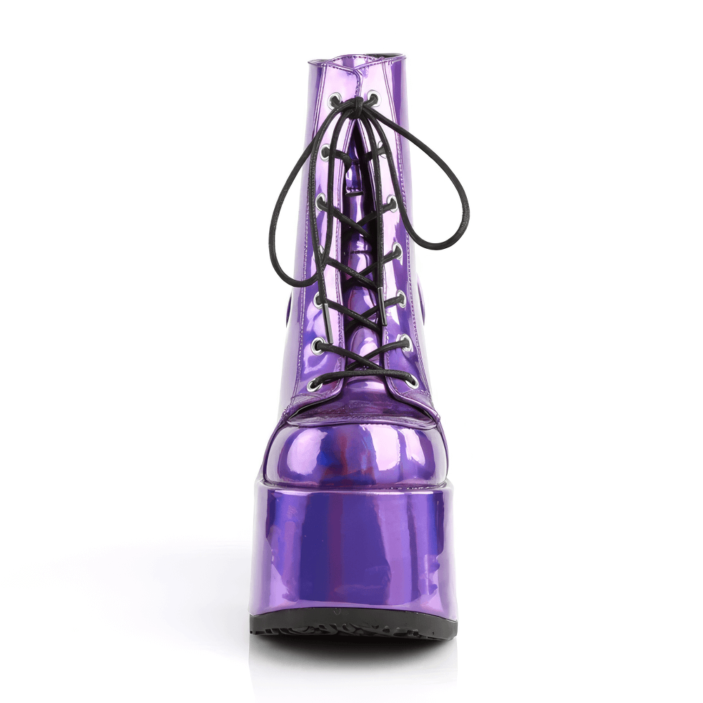 Demonia women's holographic purple platform ankle boots with chunky heel and lace-up design.