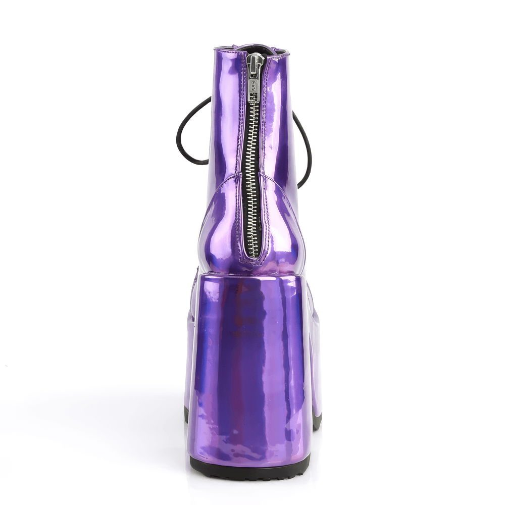 Holographic purple platform ankle boots with chunky heel and metal zip closure, perfect for a standout fashion statement.