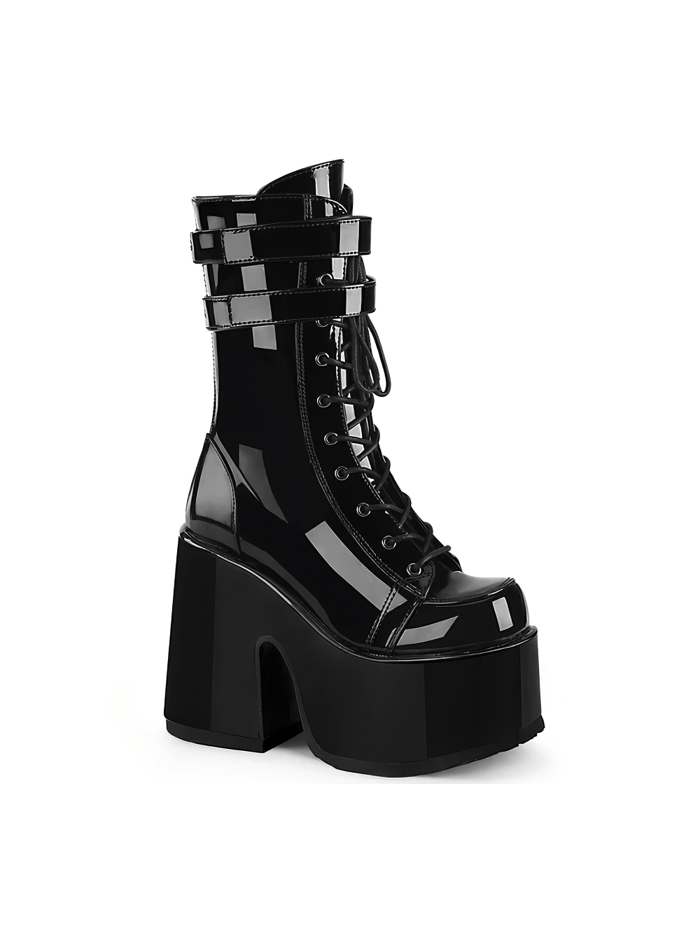 DEMONIA Women's Mid-Calf Patent Leather Boots with Straps