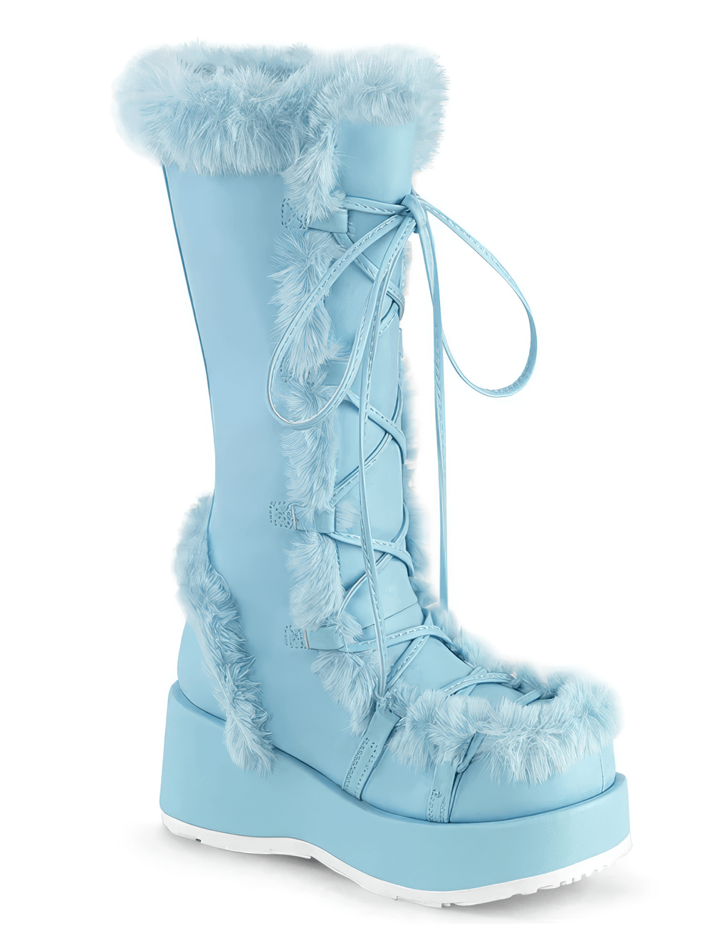 Light blue pastel goth boots with faux fur trim and lace-up front, featuring a chunky platform for winter fashion.