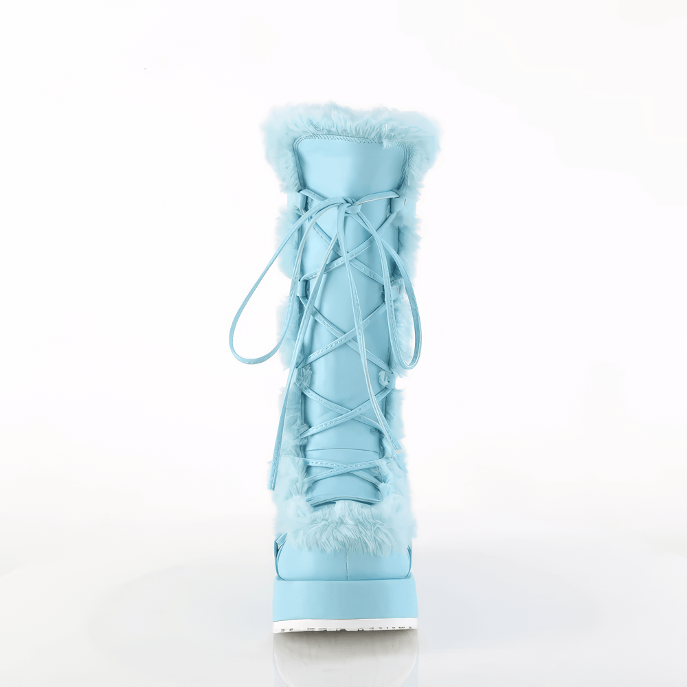 Light blue pastel goth style boots with faux fur trim and lace-up design, perfect for winter fashion.