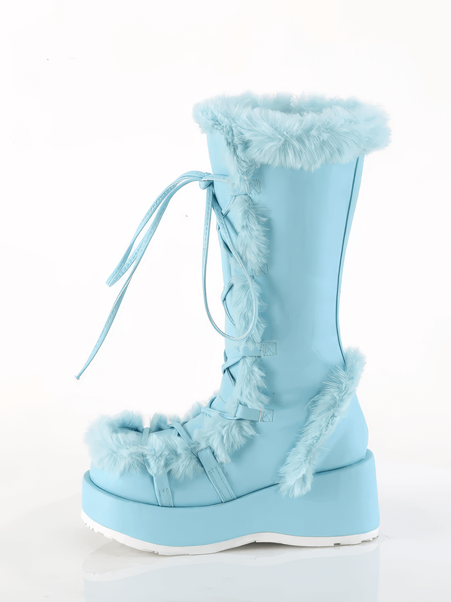 Light blue mid-calf faux fur boots for women with platform and lace-up design, perfect for a pastel goth style.