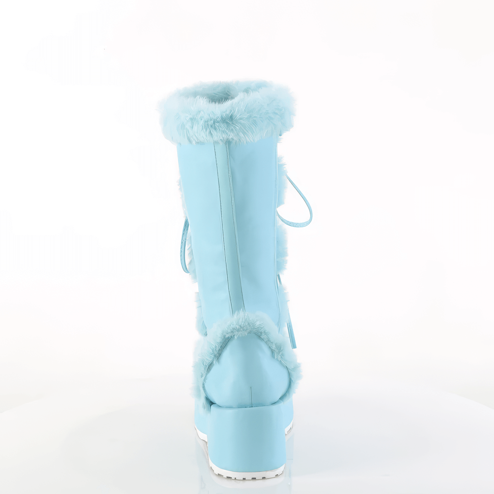 Back view of DEMONIA light blue pastel goth faux fur boots with a platform heel and lace-up detail.