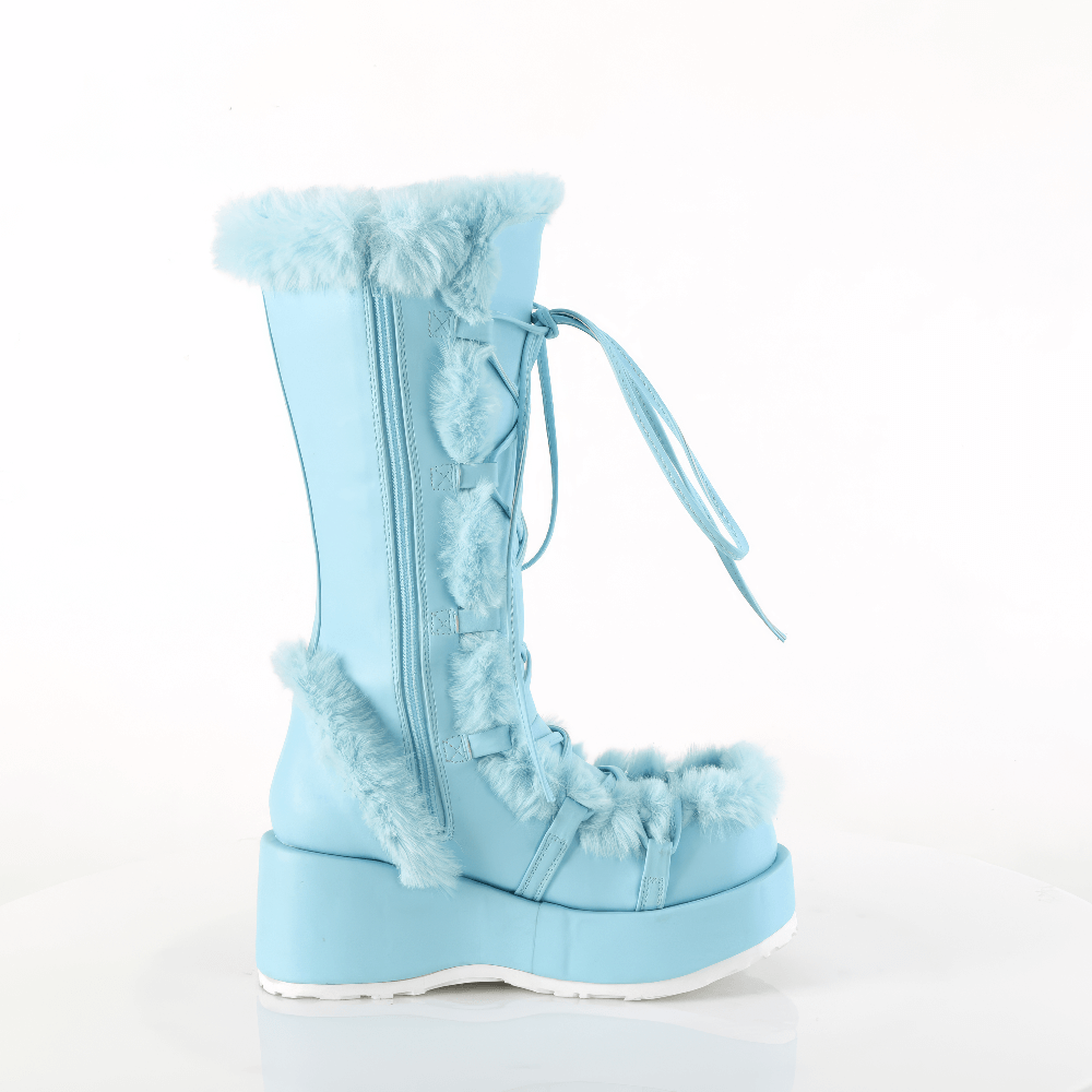 Demonia pastel goth light blue faux fur boots for women with platform and lace-up design.