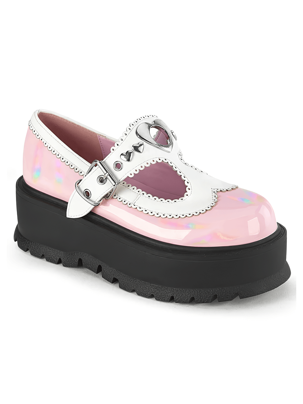 DEMONIA Women's Pink Mary Jane Shoes with Heart Studs