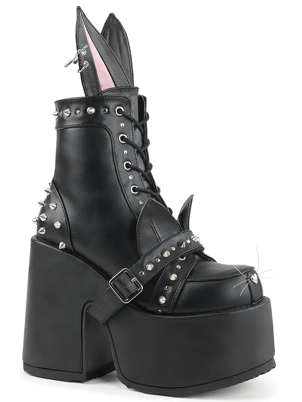 Demonia women's platform boots with bunny ears, spikes, and edgy lace-up design in black vegan leather.