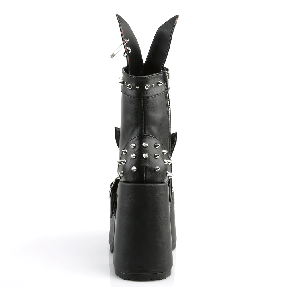Demonia women's lace-up black platform boots with bunny ears and studs, showcasing edgy punk style.