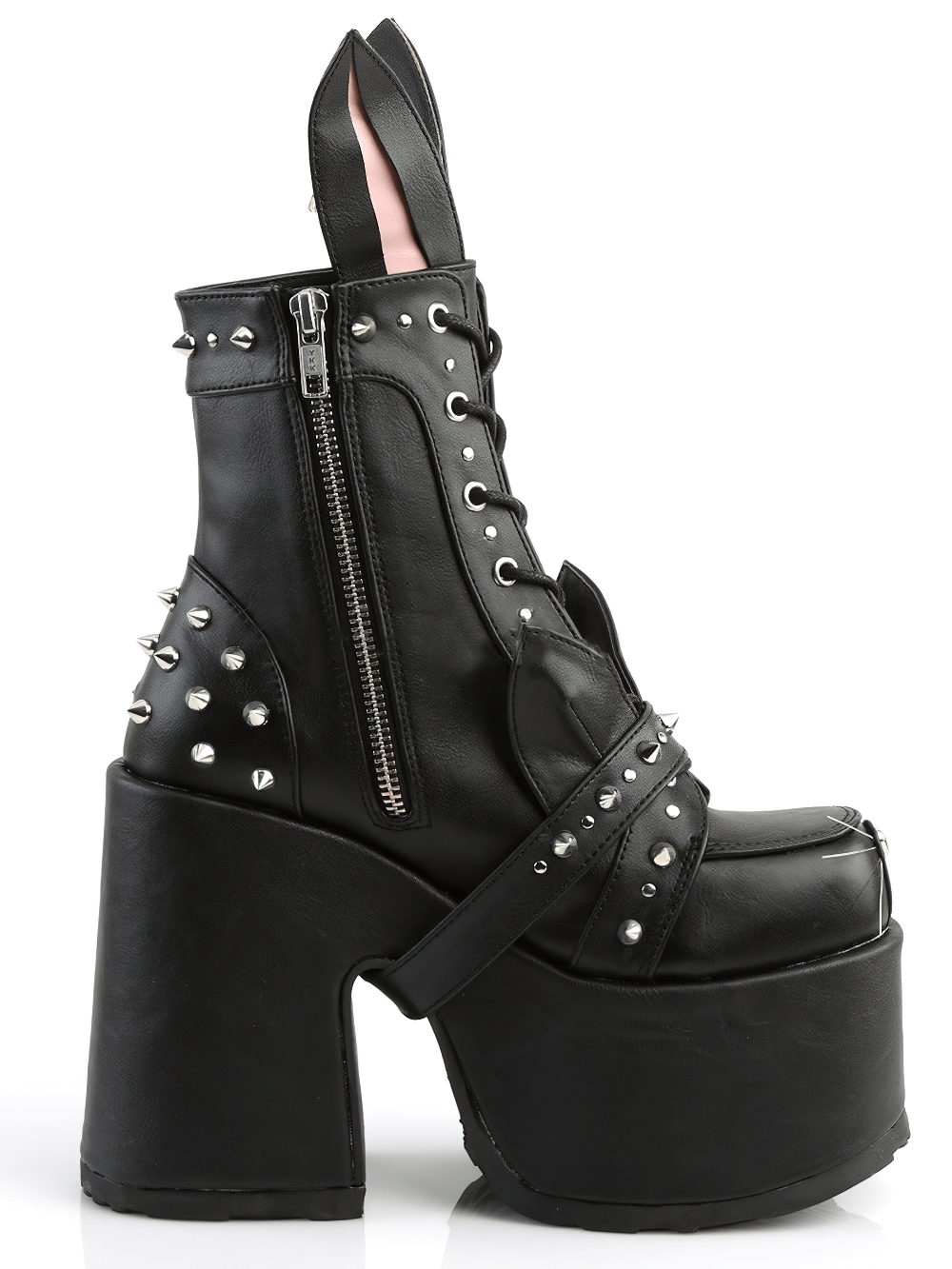 Edgy Demonia black platform boots with bunny ears, spikes, and a robust heel for punk style.