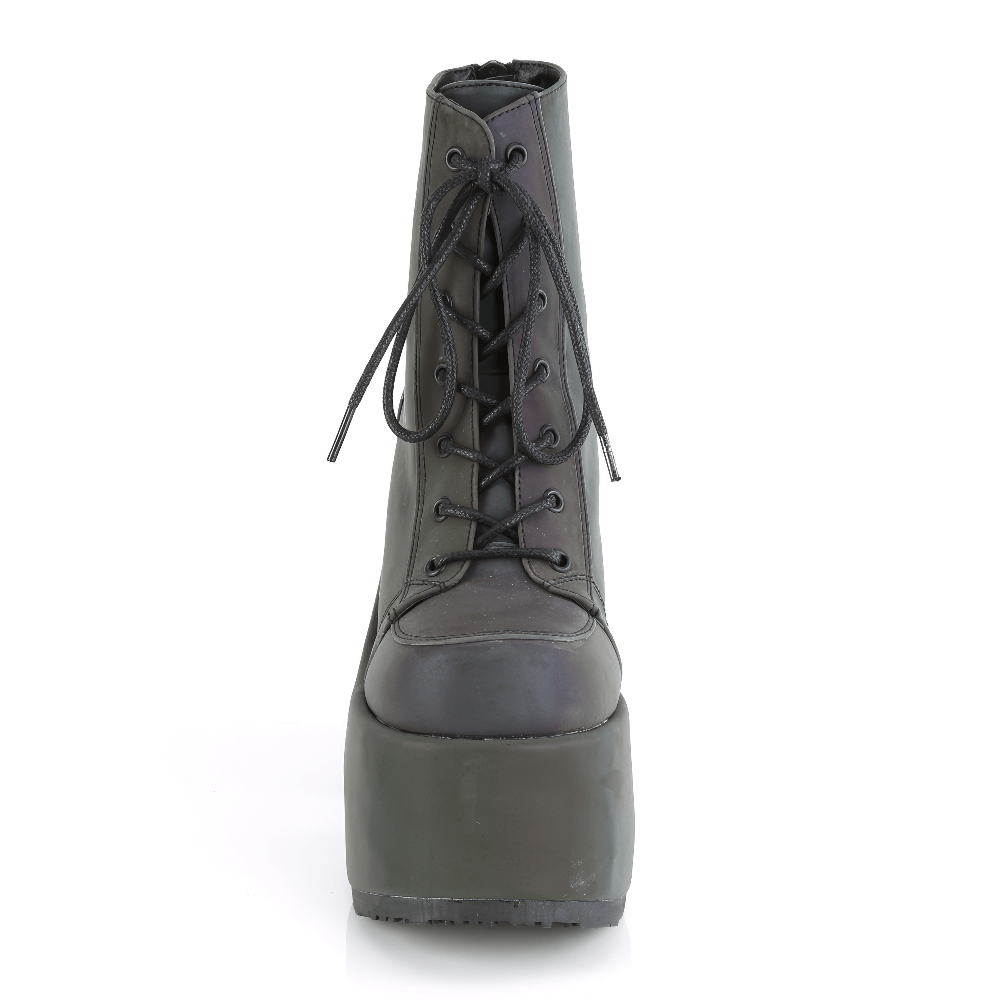 Front view of DEMONIA women's reflective chunky heel lace-up ankle boots, featuring a 5-inch heel and bold platform.