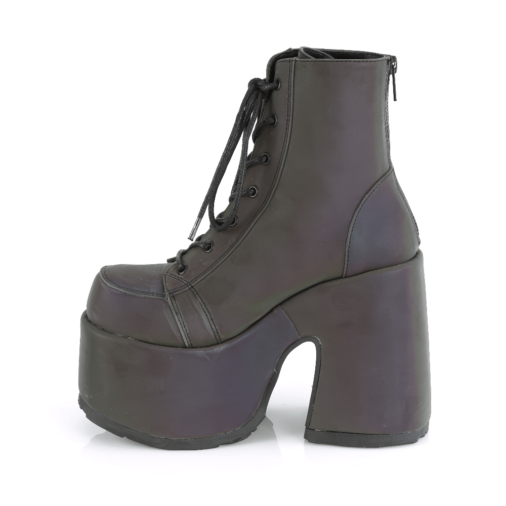 Demonia women's chunky heel ankle boot with reflective finish and lace-up design, perfect for bold style.