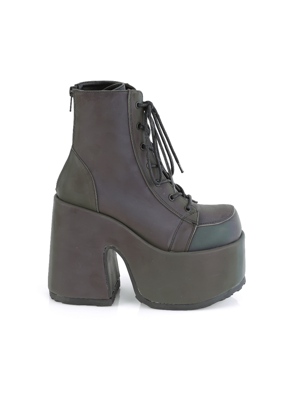 Demonia women's chunky heel lace-up ankle boots in black with a bold platform design and metal back zip.