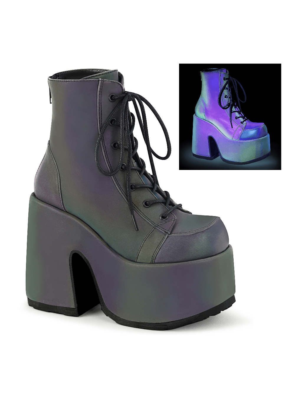 Demonia women's reflective chunky heel ankle boots with lace-up design and bold multicolor finish.