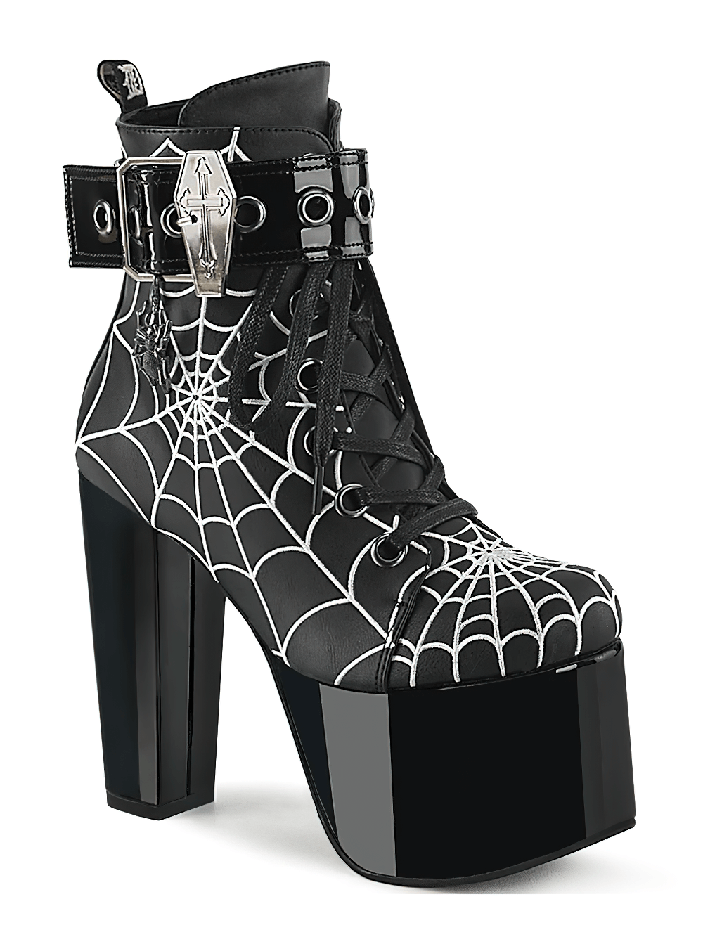 Alt Tag: DEMONIA Women's Spider Web Coffin Buckle Ankle Boots with high heel and spider web design in black vegan leather.
