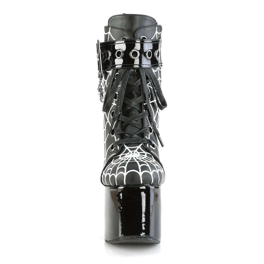 Demonia women's spider web coffin buckle ankle boots with a 5.5-inch heel and striking embroidered design.