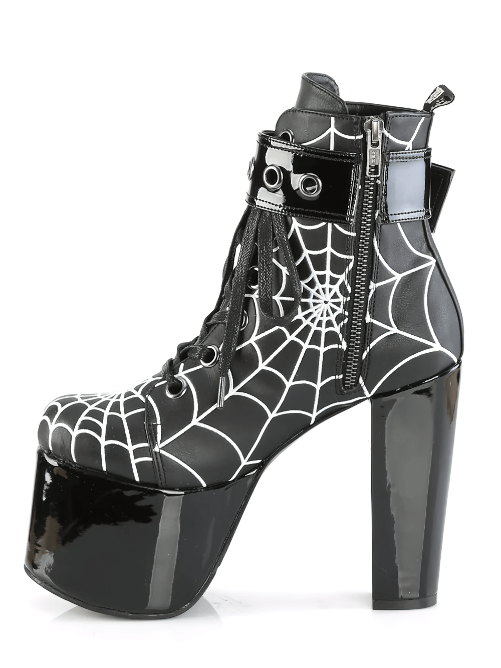 DEMONIA Women's Spider Web Coffin Buckle Ankle Boots