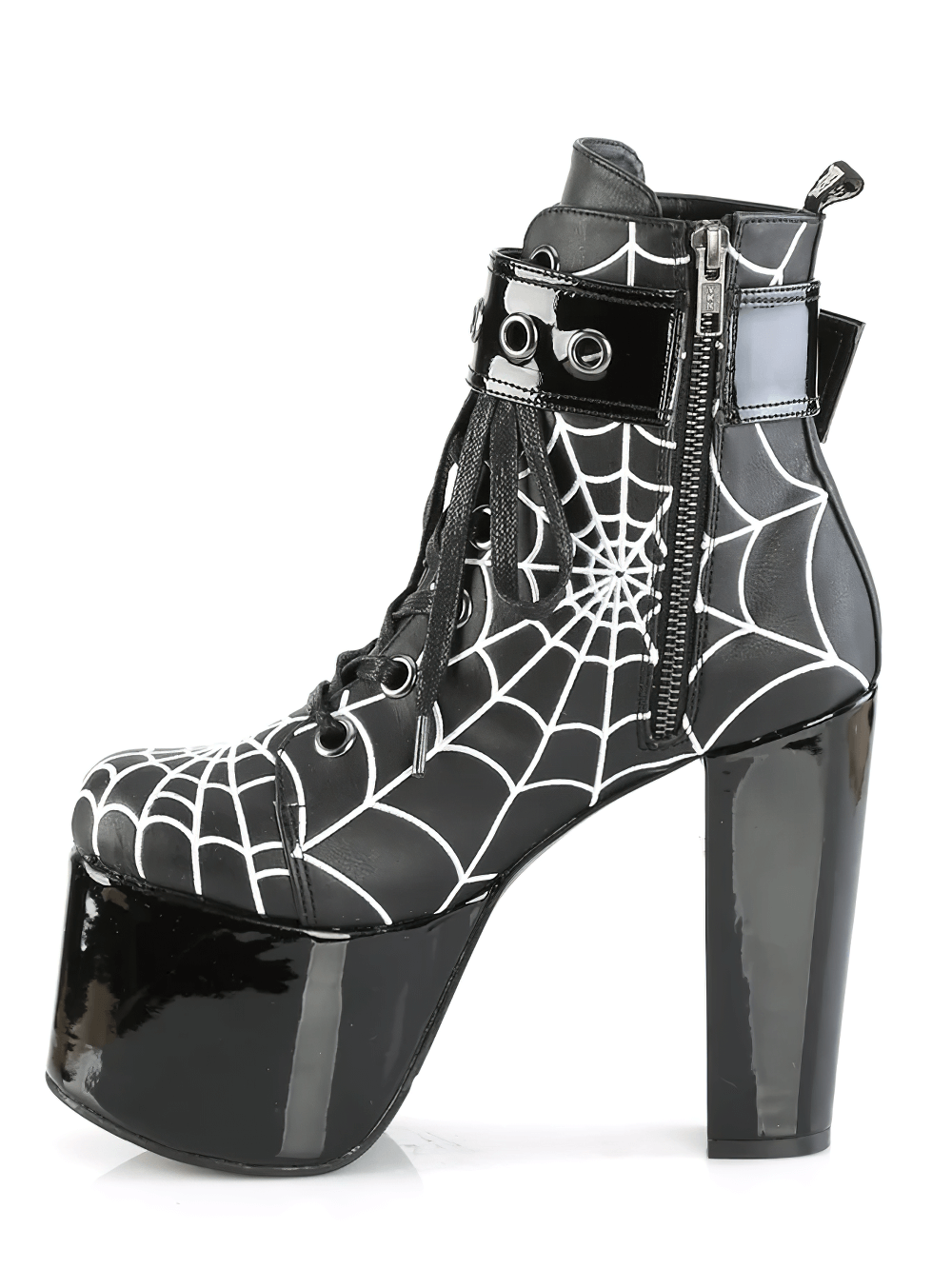 Demonia women's spider web ankle boots with a 5.5-inch heel, gothic style, and lace-up design in black vegan leather.