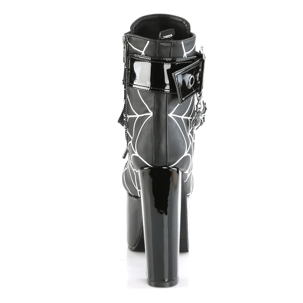 Back view of Demonia Women's spider web coffin buckle ankle boots with a glossy finish and 5.5-inch heel.