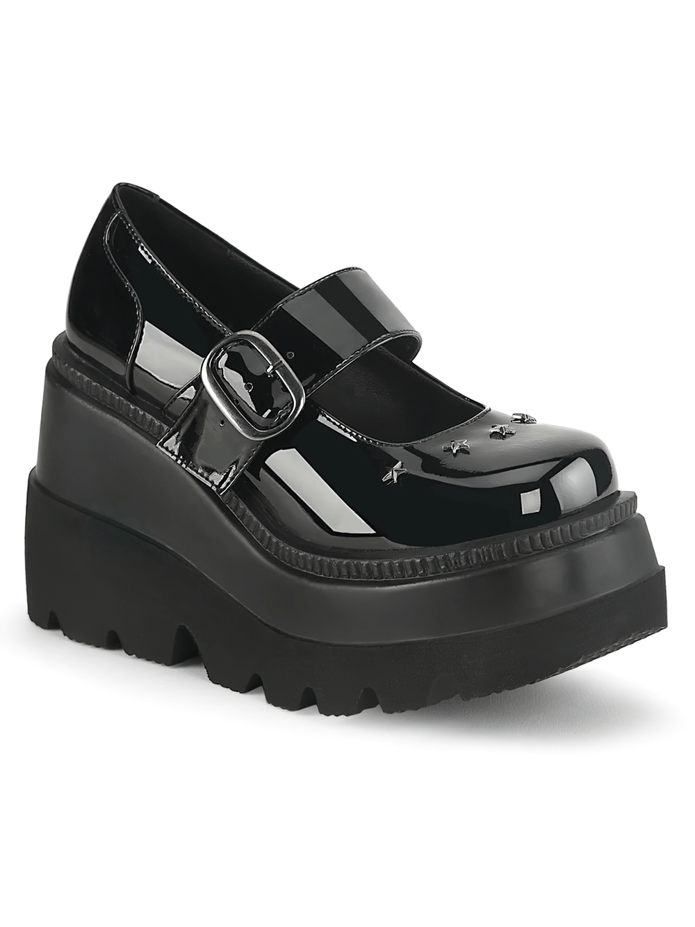 Demonia Women's Stellar Star-Studded Wedge Shoes, edgy black patent Mary Jane with striking star embellishments and chunky platform.