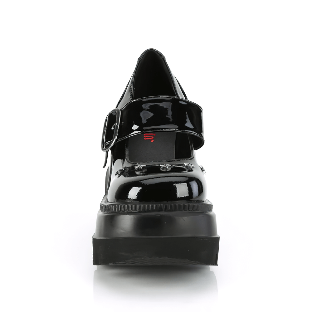 Front view of DEMONIA Women's Stellar Star-Studded Mary Jane Wedge Shoes in glossy black patent finish.