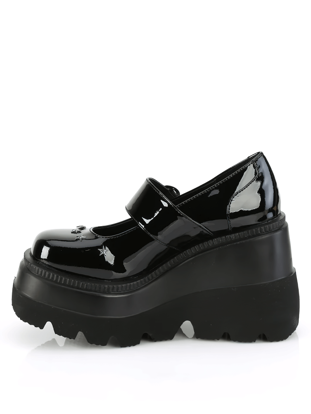 Demonia Women's Stellar Star-Studded Wedge Shoes featuring a glossy black patent finish and striking star embellishments.