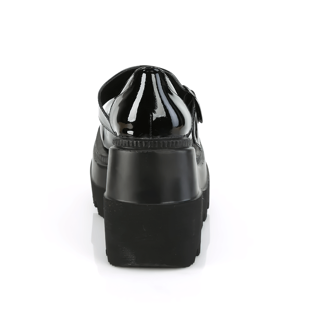 Back view of DEMONIA Women's Stellar Star-Studded Wedge Shoes showcasing glossy black patent finish and chunky platform.