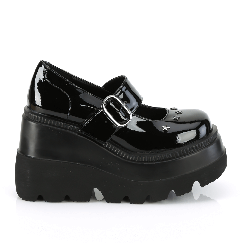 Demonia Women's Stellar star-studded wedge Mary Jane shoes in glossy black patent finish.