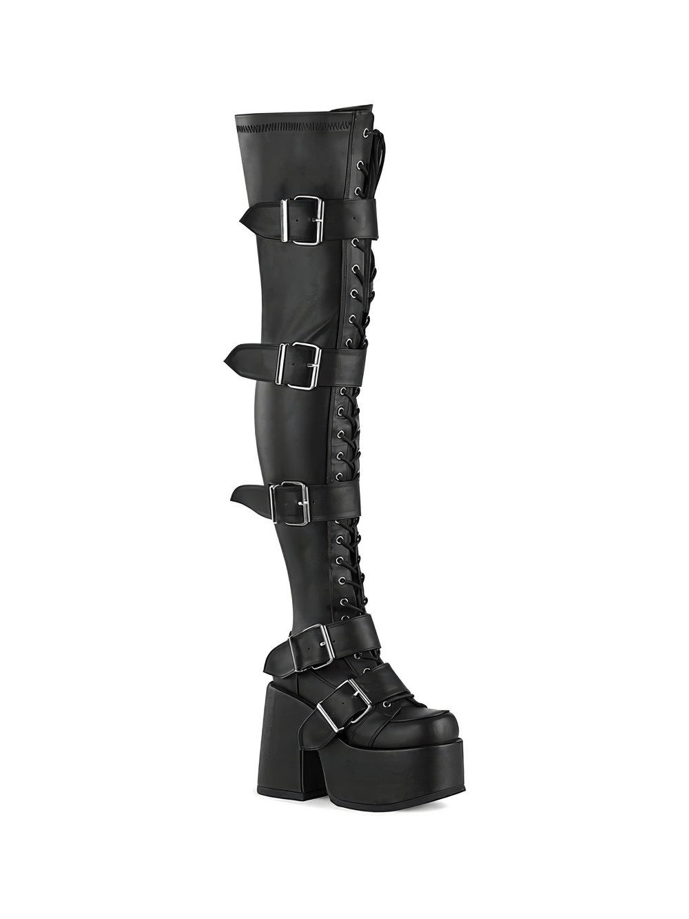DEMONIA Women's Thigh-High Lace-Up Boots with Buckles