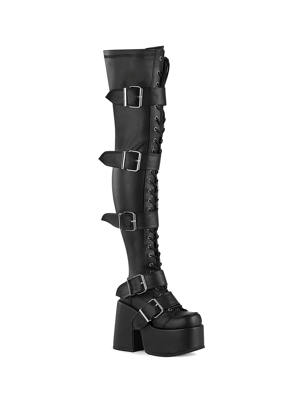 Daring black leather thigh-high lace-up boots with adjustable buckle straps and chunky platform heels.